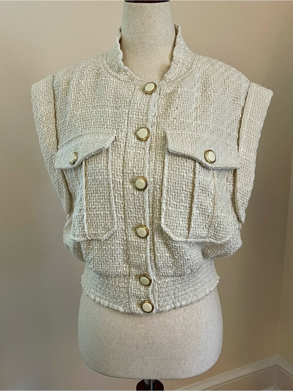 Christian Lacroix White Tweed Vest • Gold Button Front • Small • NWT